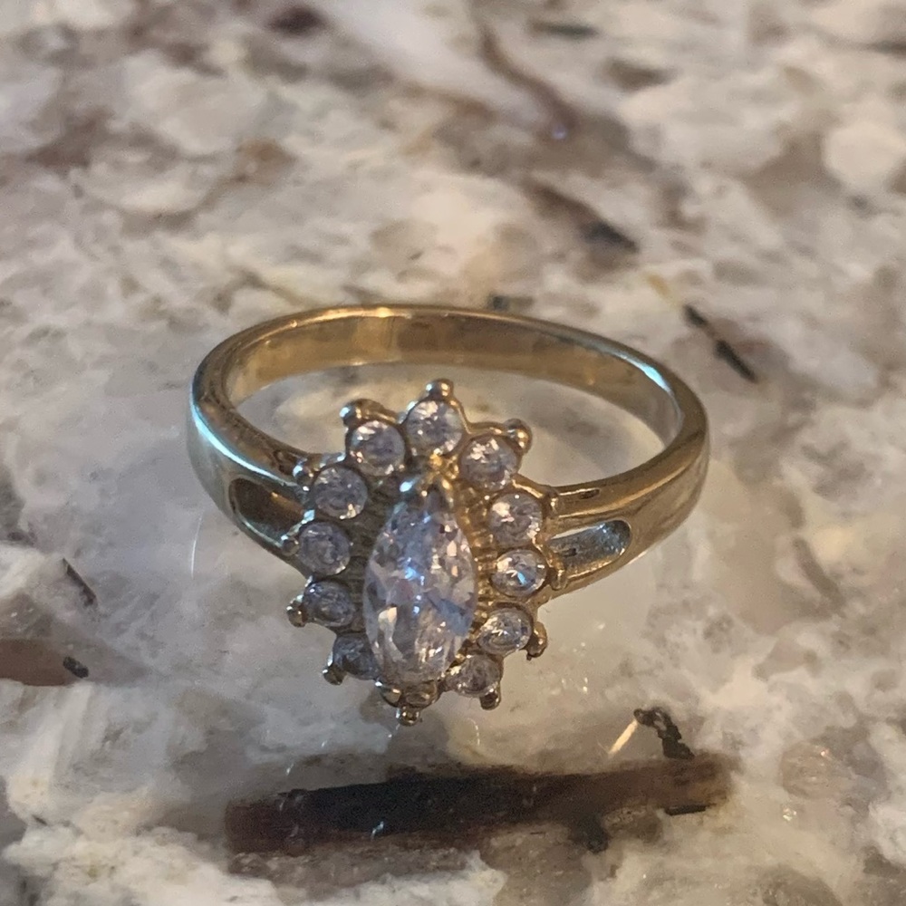 Vintage Gold Plated CZ Cluster Ring, Stainless Steel, Approx. Size 8